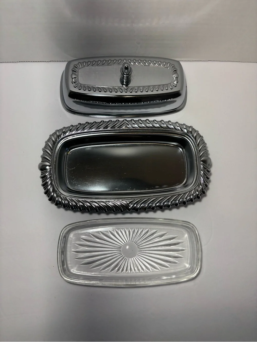 Butter Dish Glass Insert VTG Chromeplated Decorative Finial Lid